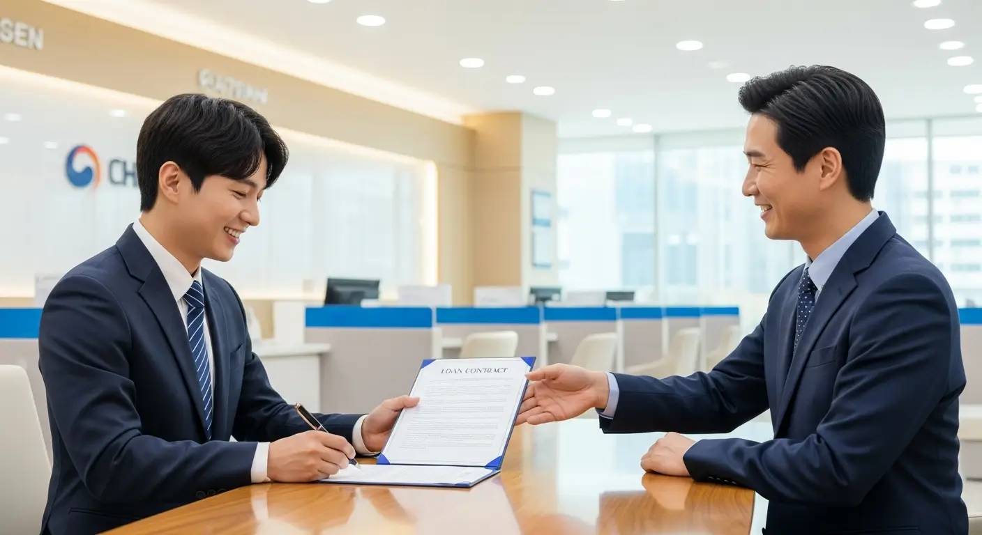 신용점수 820점의 한국인 사용자가 여러 은행과 대출 상품을 비교하며 가장 유리한 조건의 계약서에 만족스럽게 서명하는 모습