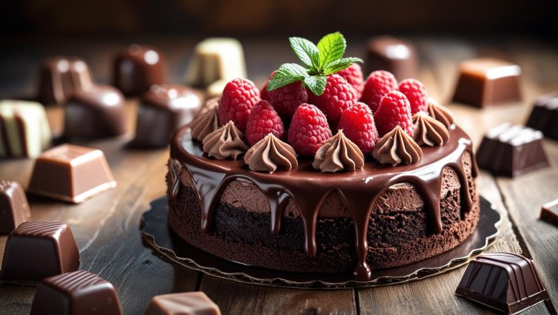 식틱위 케익 한개 있고 주변에 쵸코렛이 있는 모습