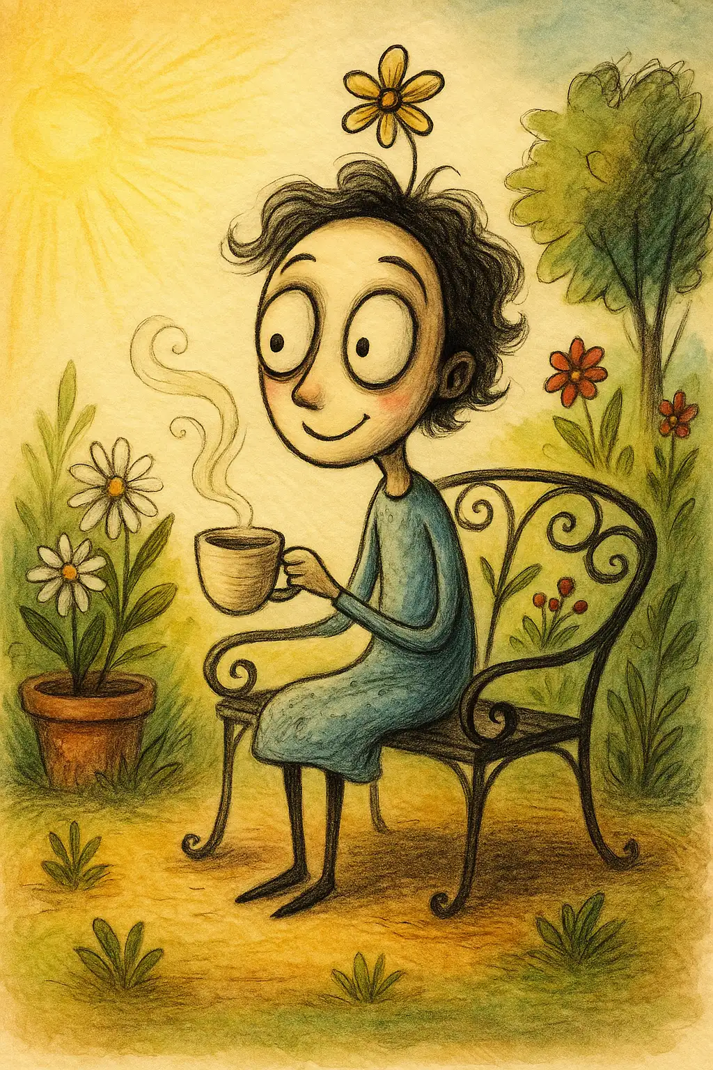 “햇살 가득한 정원에서 차를 마시며 휴식하는 팀 버튼풍 감성 일러스트 (마음 회복, 정신 건강 이미지)”