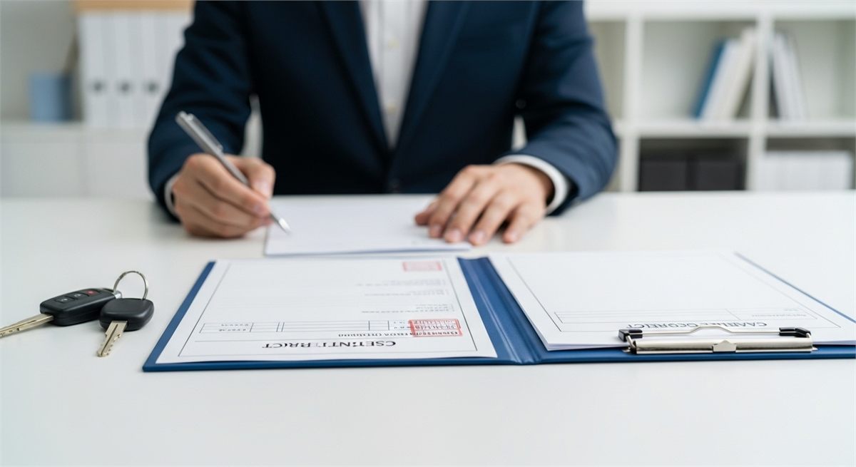 자동차 키와 매도 관련 서류 폴더를 함께 놓은 테이블 장면