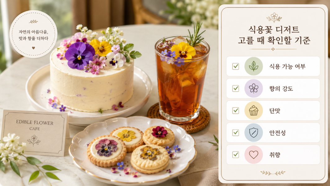 식용꽃 디저트를 선택할 때 식용 가능 여부와 향, 단맛, 안전성을 확인하는 체크리스트 이미지