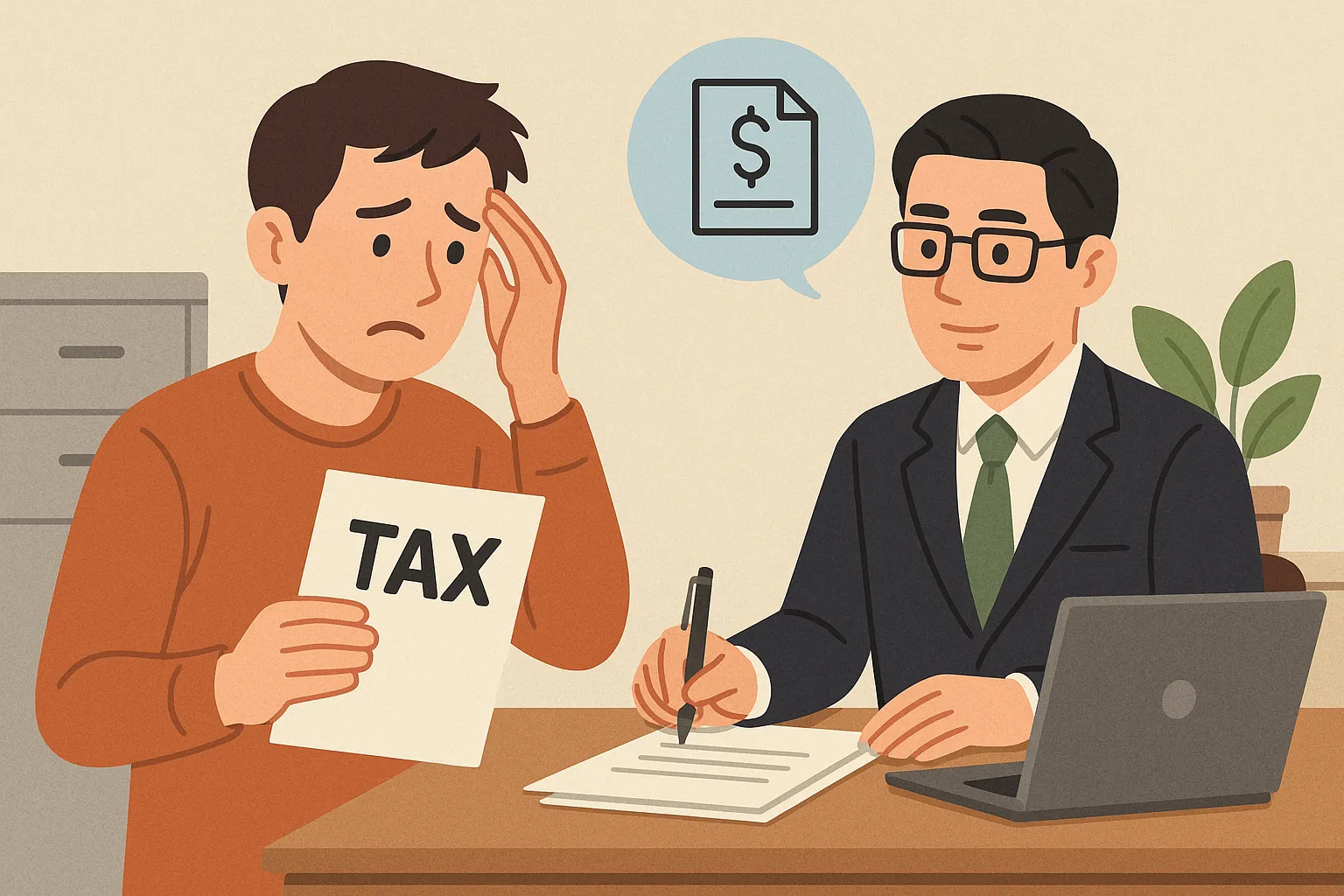 종합소득세-신고에서-전문가-도움을-받아야-할지에-대한-일러스트로,-한-남성이-세금서류를-들고-고민하는-모습과-세무사가-조언을-하는-장면이-그려져,-세무상담의-중요성을-상징함.