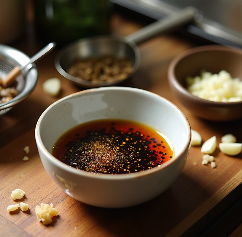 작은 그릇 안에서 간장과 올리고당이 섞이며 반짝이는 모습. 옆에는 계량스푼과 다진 마늘이 놓여 있음.