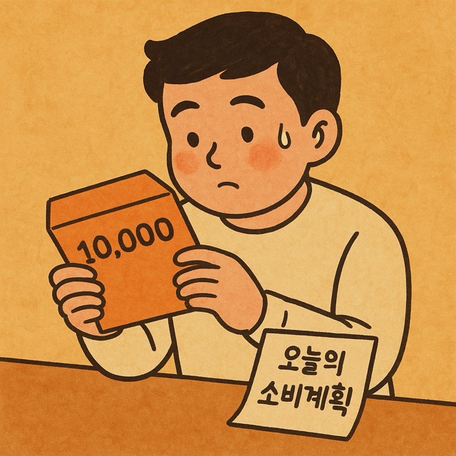 10,000원이 적힌 현금 봉투를 열어보고 그 안에서 오늘의 소비 계획을 고민하는 주인공