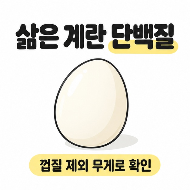 삶은 계란 단백질 제목 아래 계란 그림과 껍질을 제외한 무게로 확인하라는 안내