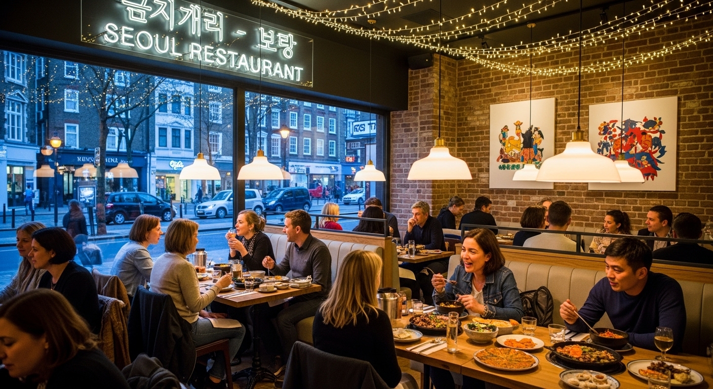 뉴욕이나 런던 같은 국제 도시의 현대적인 K-푸드 레스토랑에서 다양한 고객들이 즐겁게 식사하는 모습.