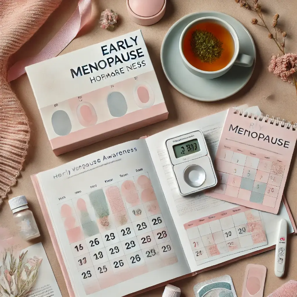 호르몬 검사 키트, 여성 건강 책자, 생리 달력, 허브차가 정돈된 스튜디오 테이블 구성