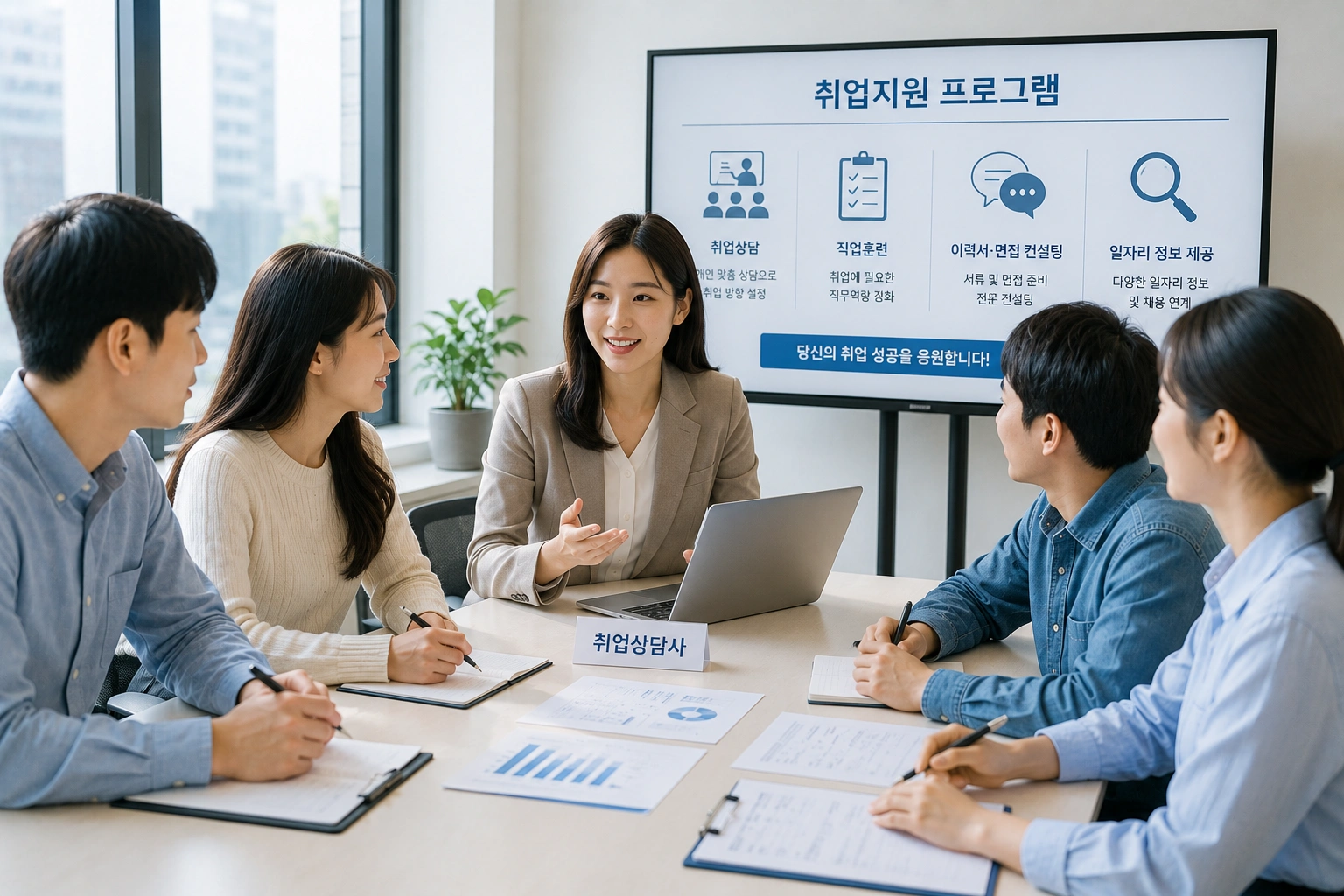취업지원 프로그램에 참여해 그룹 컨설팅을 받는 청년들의 모습