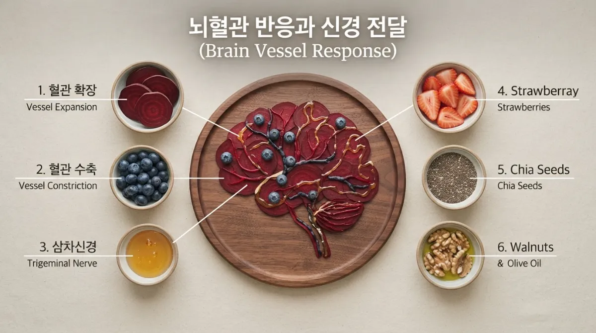 차가운 자극으로 인한 뇌혈관의 급격한 수축과 확장 반응 및 삼차신경 흐름을 표현한 푸드 스타일링 항공샷 다이어그램