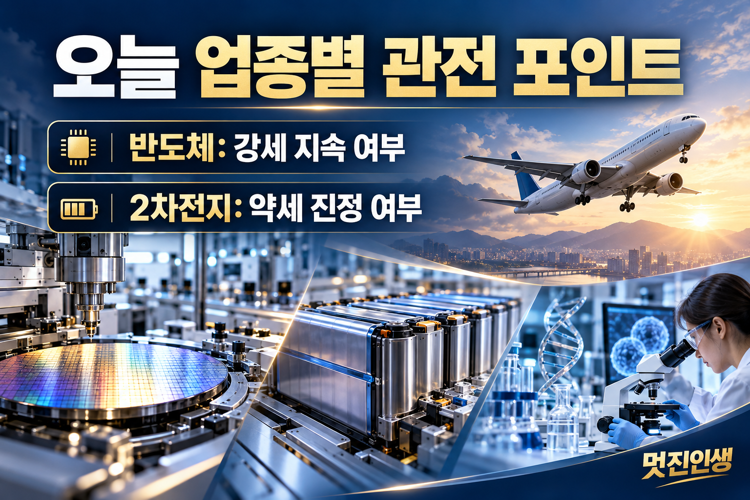 반도체·배터리·항공·바이오 장면과 함께 업종별 관전 포인트를 정리한 이미지