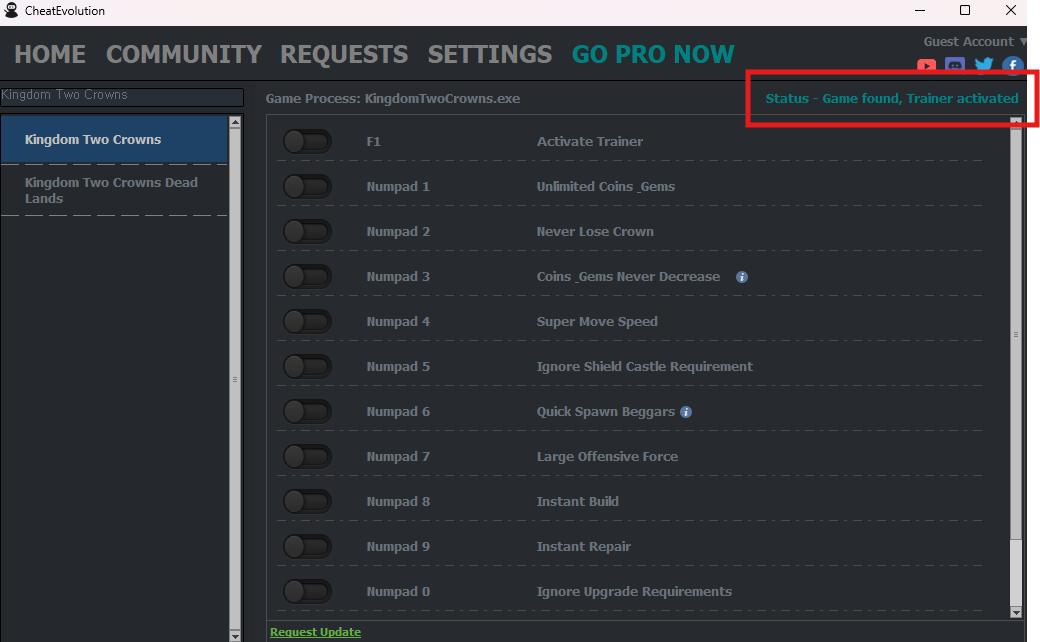 ๊ฒ์ ์คํ ๋์ด์์ผ๋ฉด Status - Game found, Trainer activated