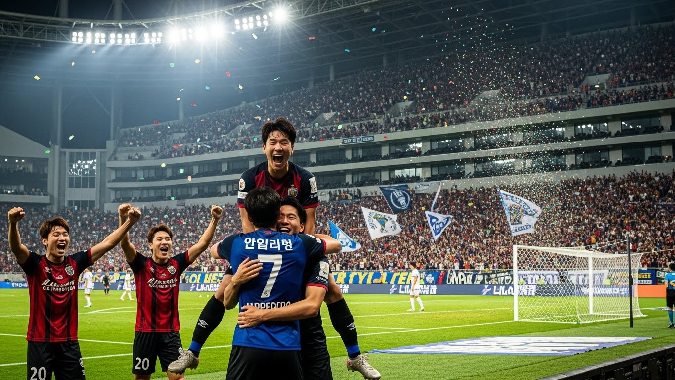 2025년 K리그 경기에서 골을 넣고 환호하는 축구 선수들의 모습
