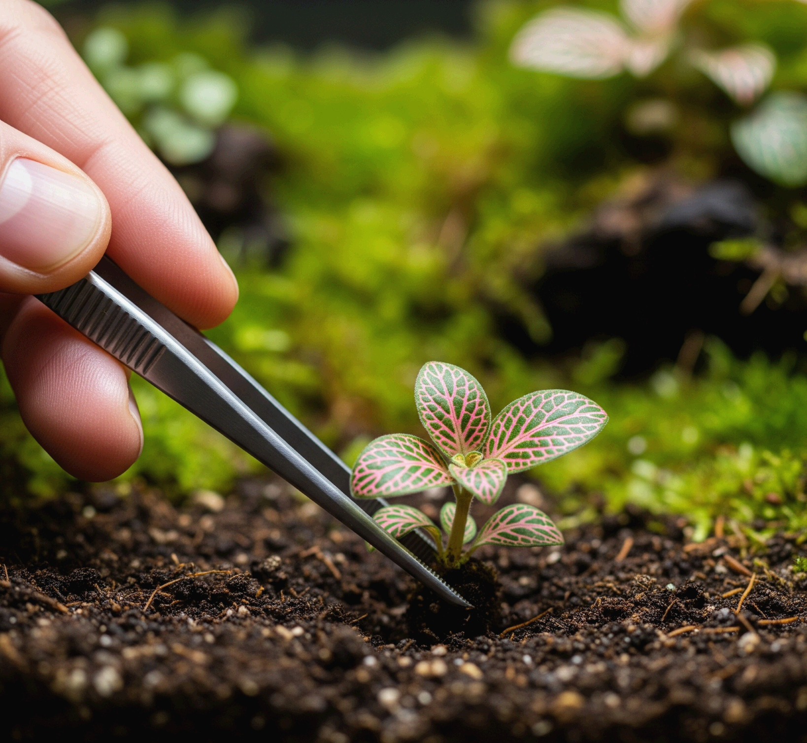 롱핀셋으로 작은 피토니아를 조심스럽게 심고 있는 손