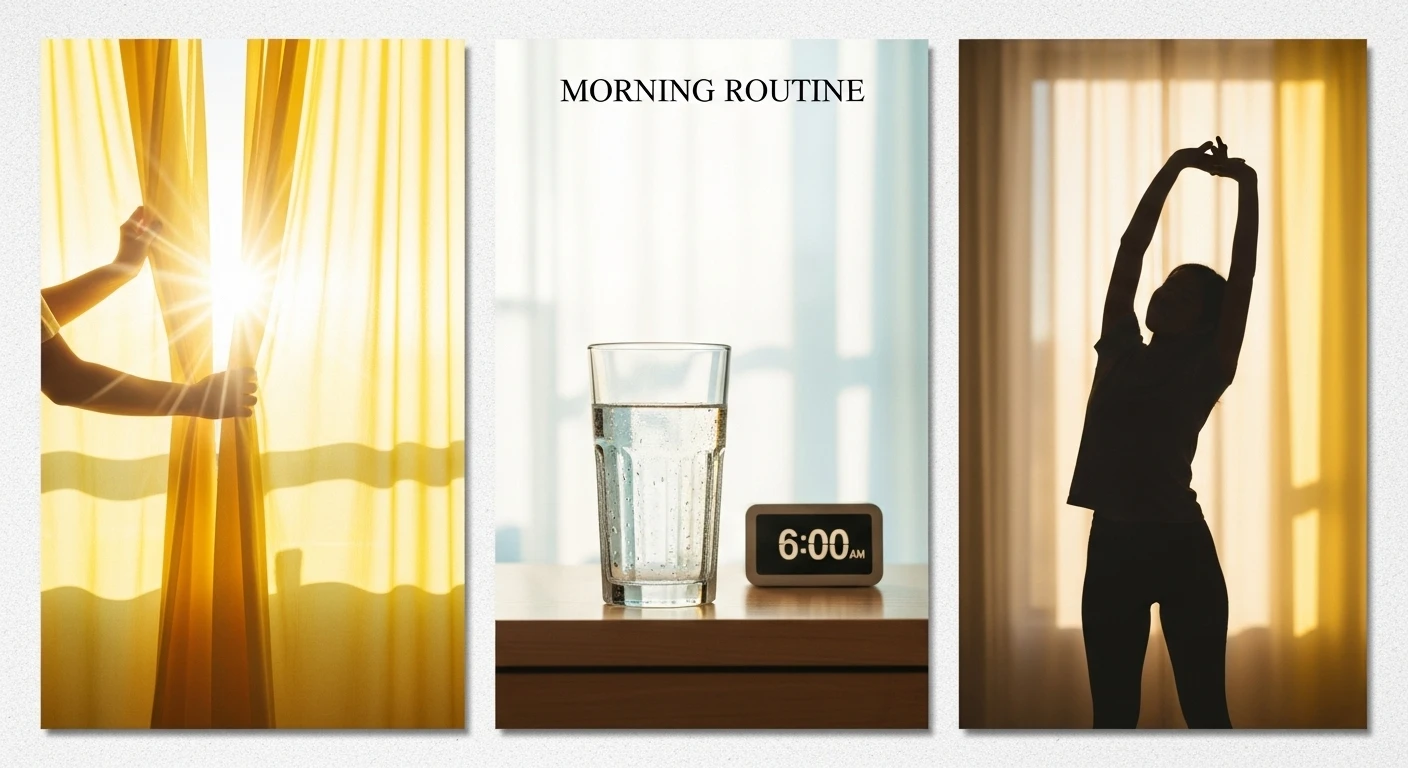아침-6시-햇살에-커텐을-젖히며-기지개를-켜는-모습-탁자에-물-한-컵과-오전-6시를-가리키는-시계가-놓여-있다.