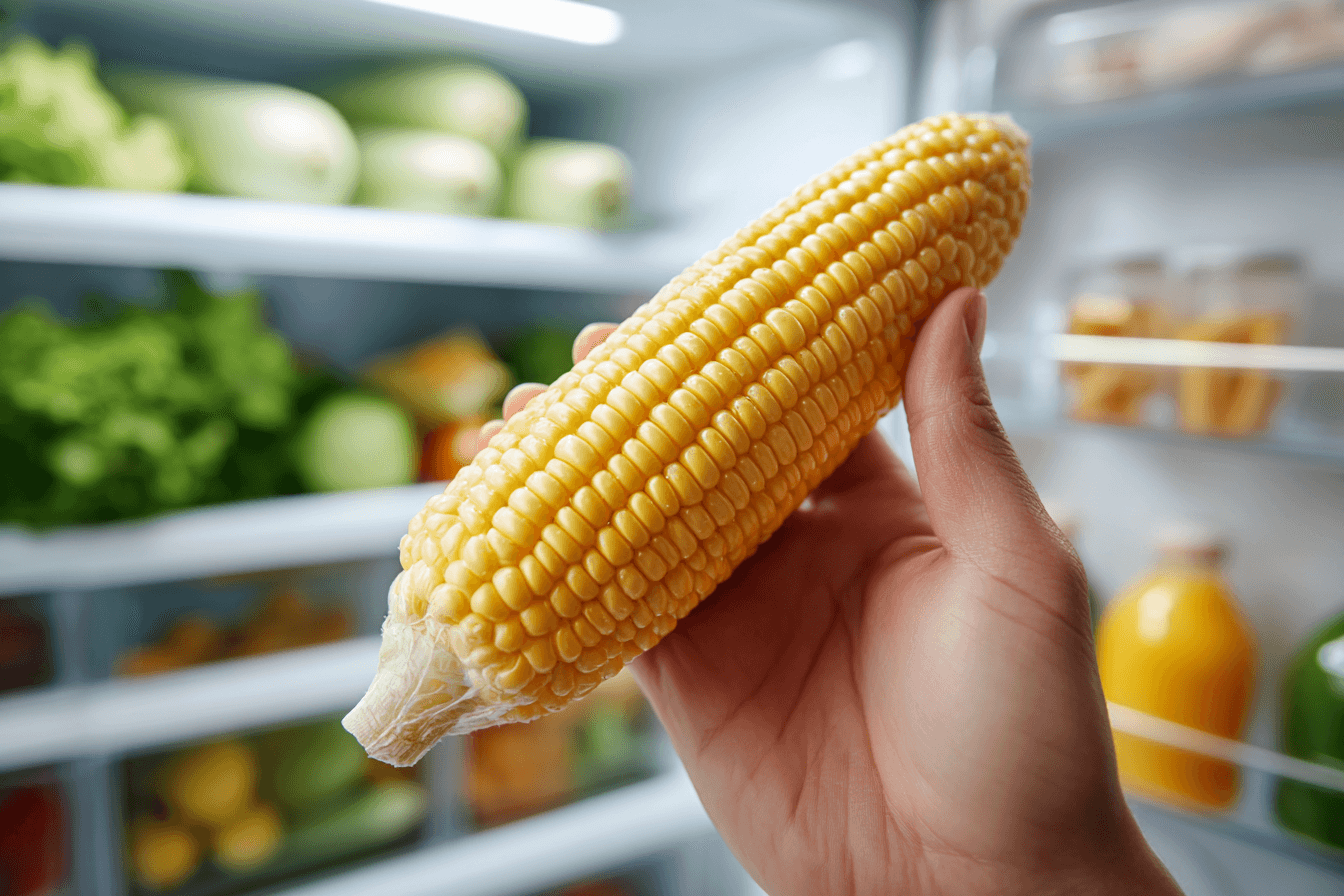 냉장고-앞에서-옥수수를-들고-있는-이미지