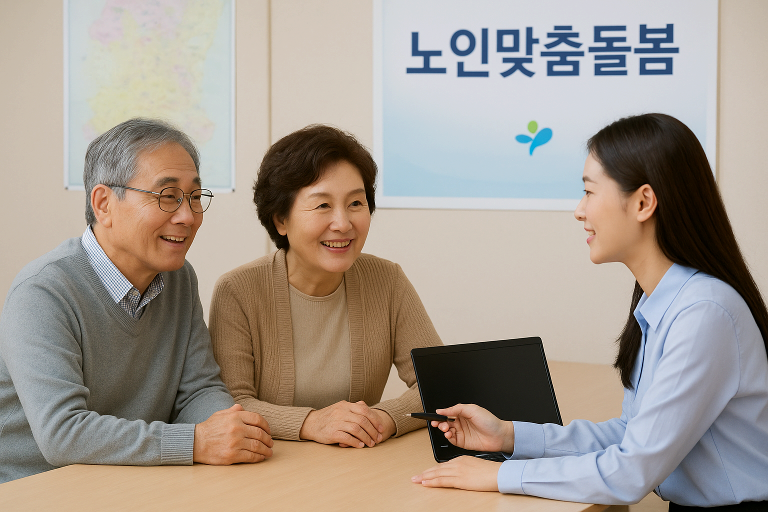 노트북이 놓인 책상을 사이에 두고, 노부부와 유니폼으로 보이는 옷을 입은 젊은 여성이 양쪽에 앉아, 미소 띤 얼굴로 무언가를 상담하고 있는 이미지