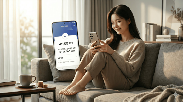 2026년 노동절 휴일수당을 확인하며 미소 짓는 직장인
