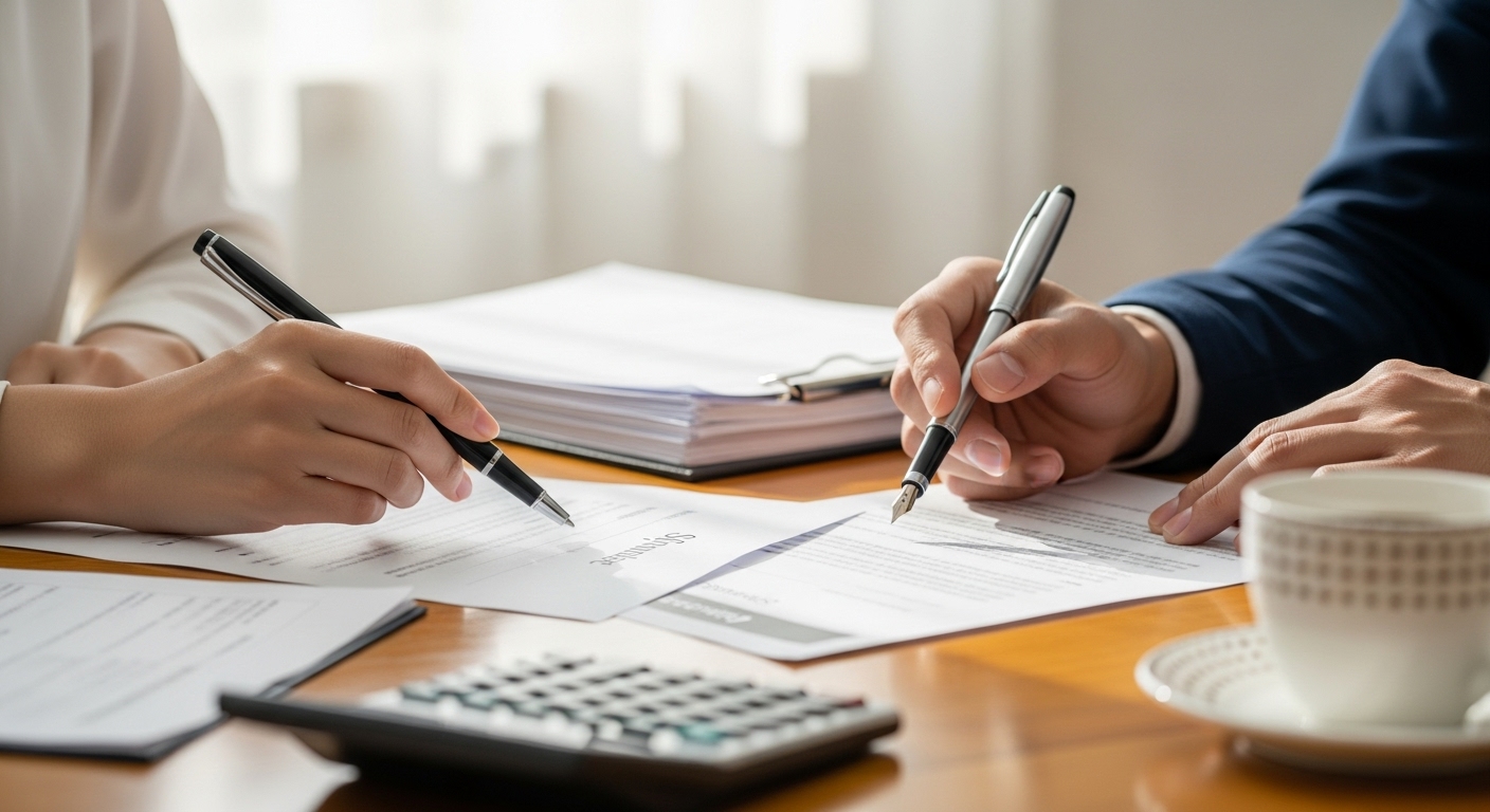 신혼부부가 전세자금대출 서류에 서명하며 주택 계약을 진행하는 모습