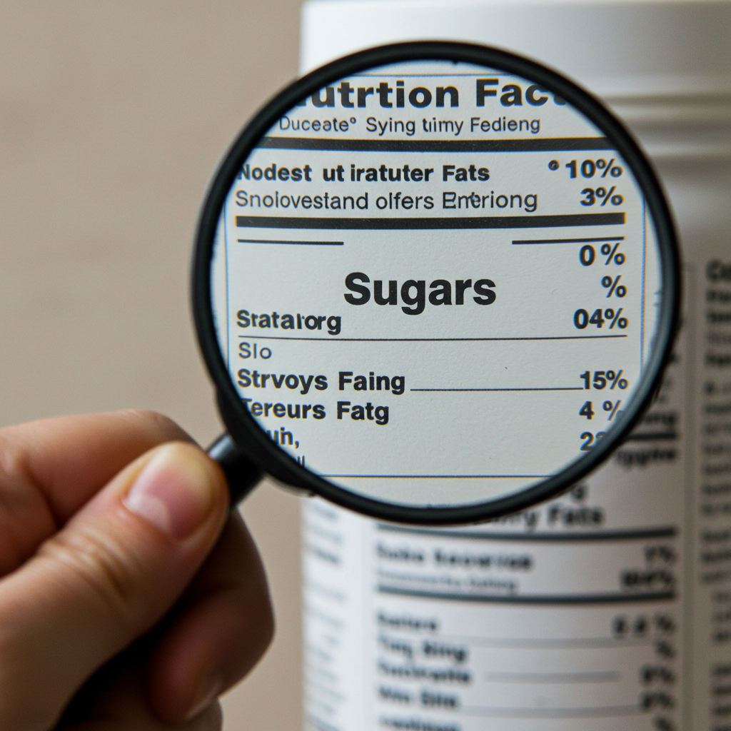식품 뒷면의 영양정보표를 돋보기로 자세히 들여다보는 모습. 성분표 확인의 중요성을 강조함.