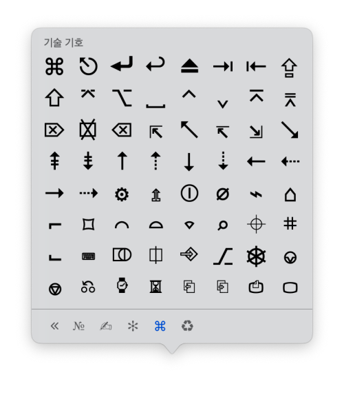 맥북의 특수문자 입력 화면이 간소화된 모습
