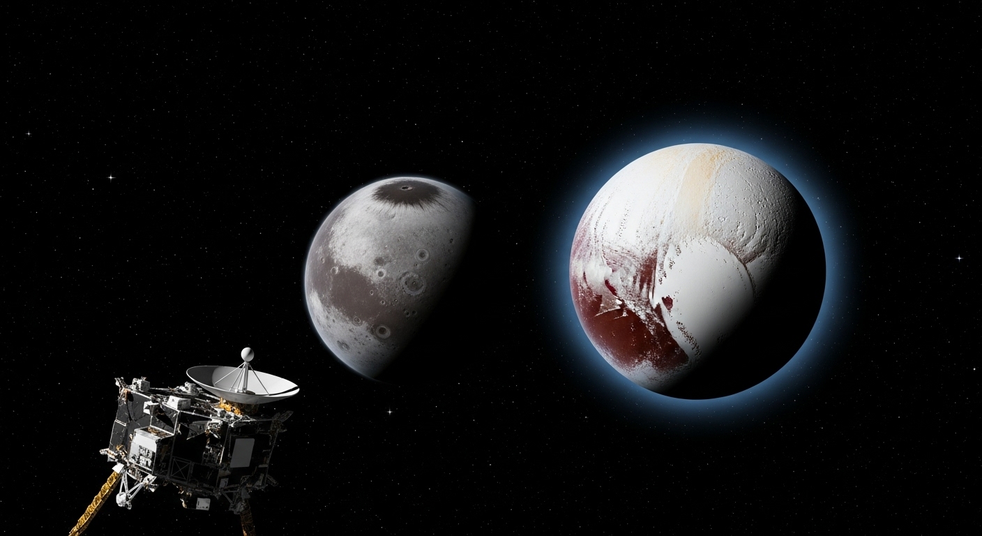 뉴호라이즌스 탐사선이 명왕성과 그의 거대한 위성 카론 옆을 지나는 경외감을 불러일으키는 디지털 페인팅.