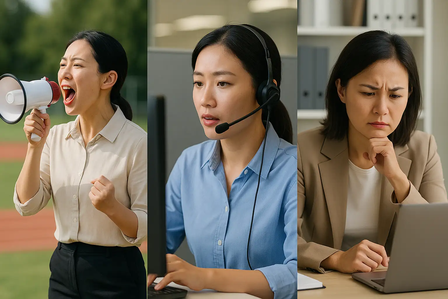운동장에서 크게 말하는 교사, 콜센터에서 장시간 통화하는 상담원, 스트레스로 인한 긴장된 표정의 직장인