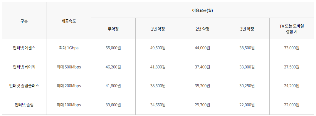 KT 인터넷 요금제