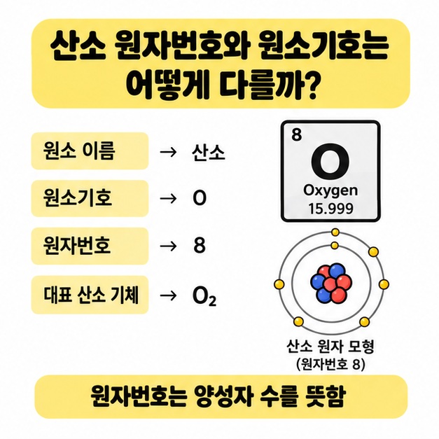 산소의 원자번호 8과 원소기호 O를 정리한 주기율표 개념 카드