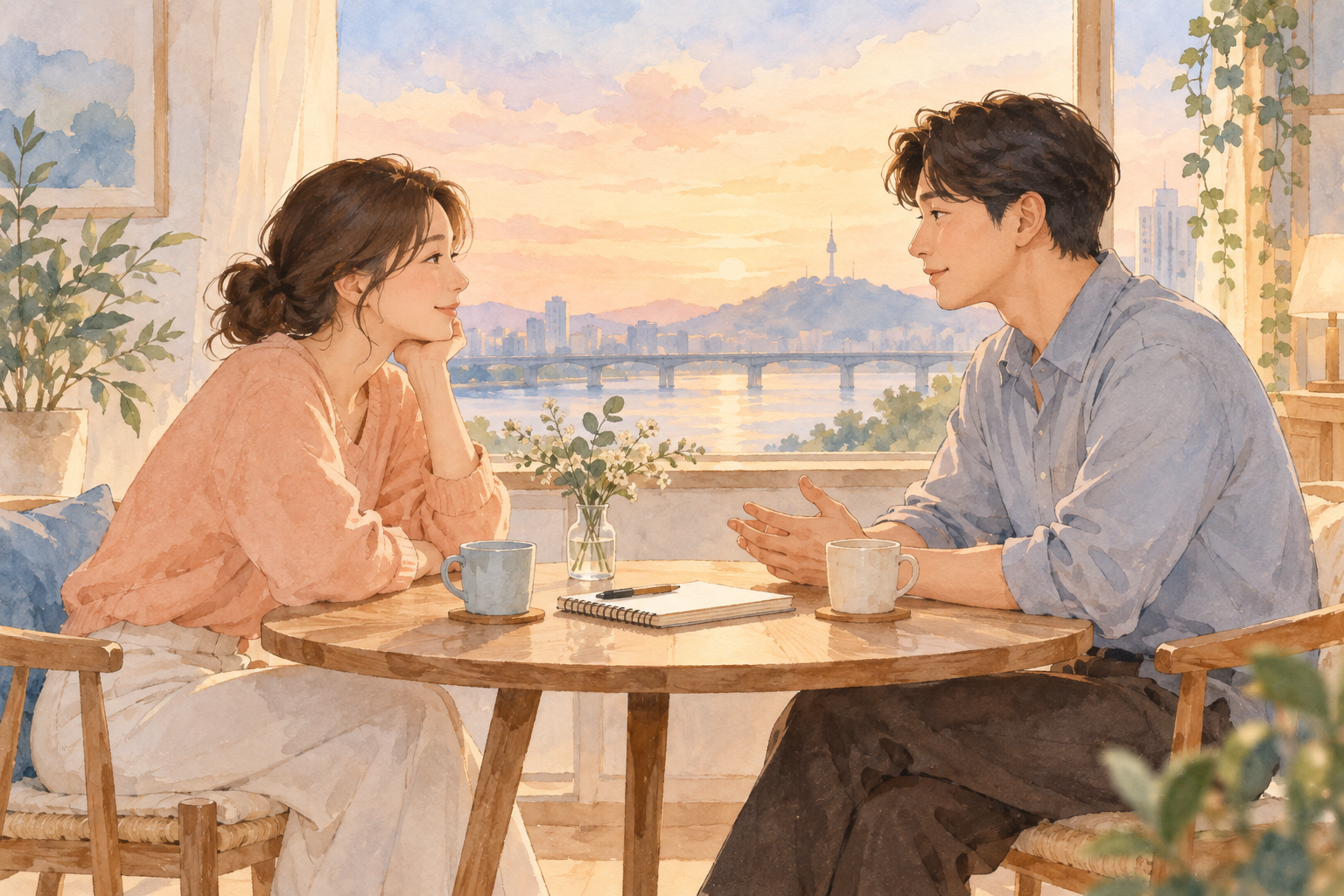 테이블에 마주 앉아 서로의 이야기를 차분히 듣는 두 사람의 수채화 삽화
