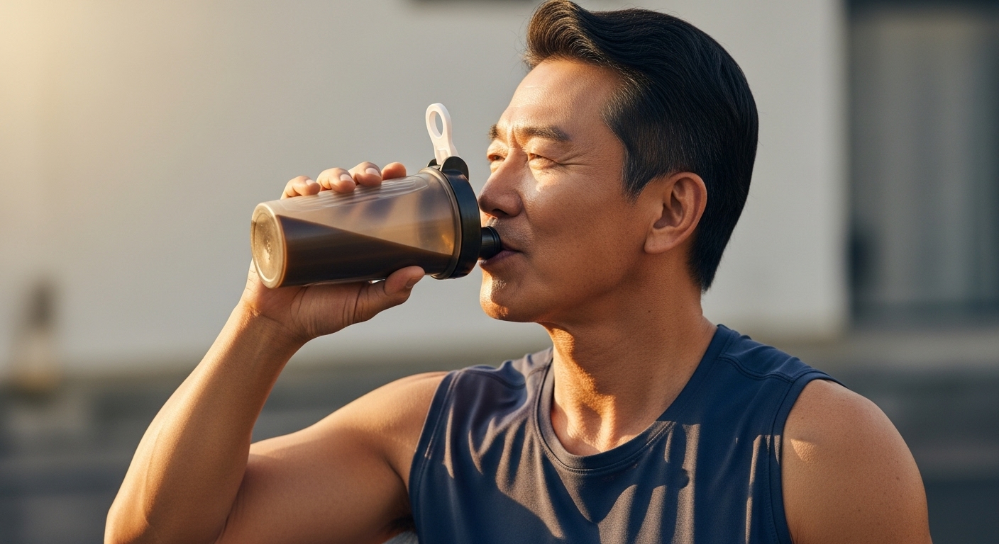 운동 후 단백질 셰이크를 마시는 중년 남성의 모습