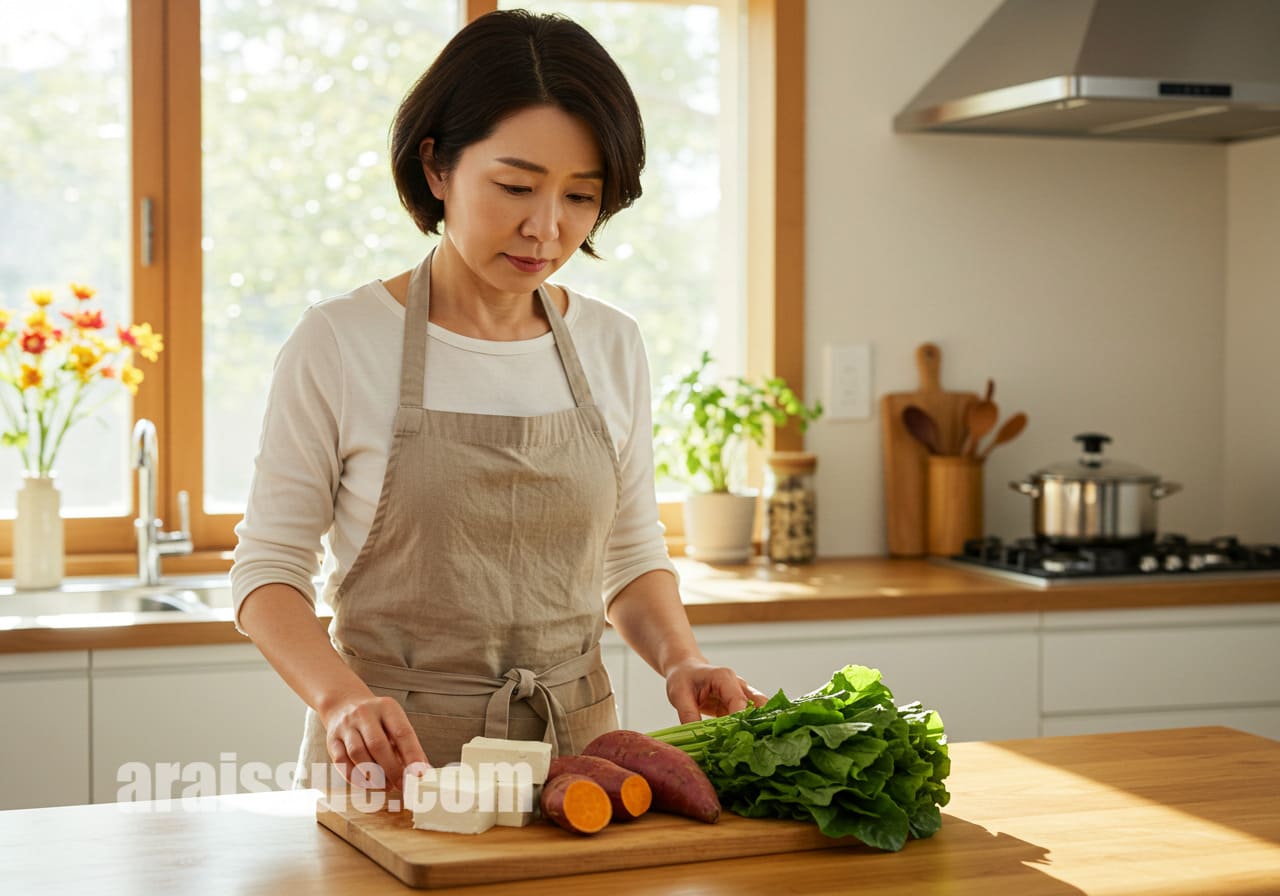 현대식 주방에서 채소와 고구마, 두부가 올려진 식재료를 바라보는 50대 한국 여성의 옆모습입니다.
식단을 바꾸려는 결심과 집중하는 표정을 담고 있습니다.