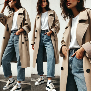 오버핏 트렌치코트, 흰 티셔츠, 데님 팬츠를 입고 운동화를 신은 여성