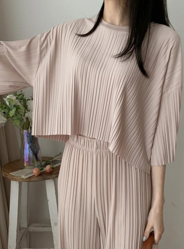 여자 플리츠 세트 여성주름 와이드팬츠 루즈핏 밴딩바지 크롭투피스