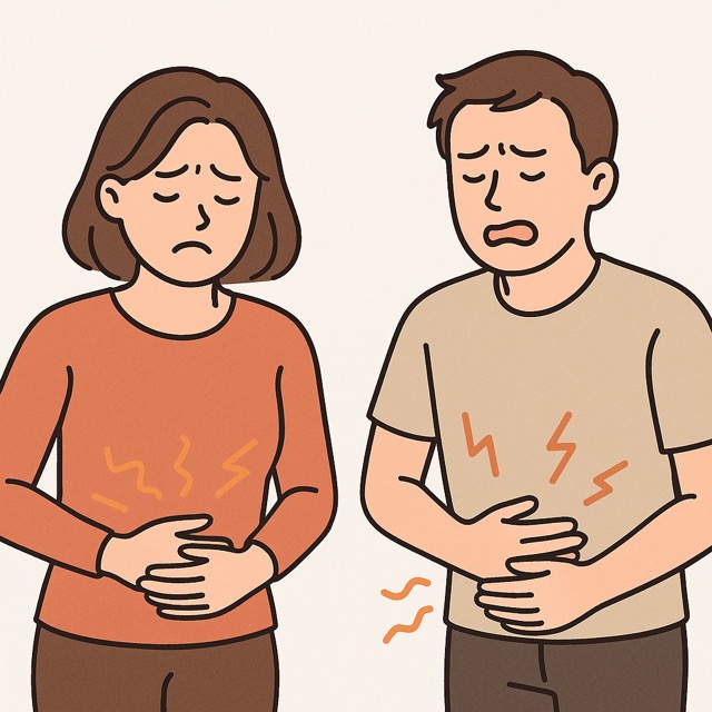 속이 더부룩해 불편함을 느끼는 20대 중후반 남성과 여성을 묘사한 일러스트.