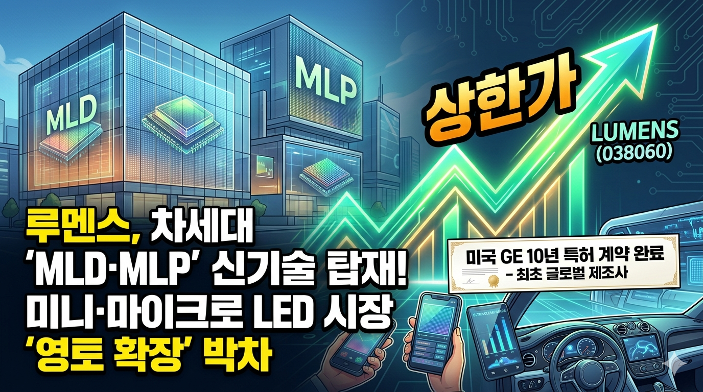루멘스 주가 상한가 기록과 마이크로 LED 신기술 및 GE 10년 특허 계약 소식을 나타내는 배경에 디스플레이 장비와 주가 상승 그래프가 포함된 이미지