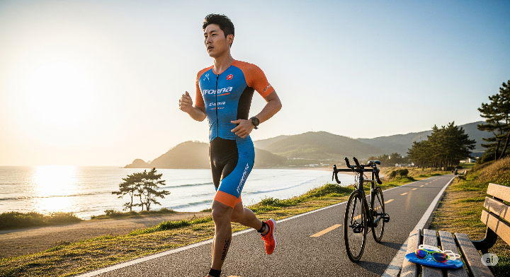 운동복을 입고 철인 3종 연습을 하는 한국인 남성