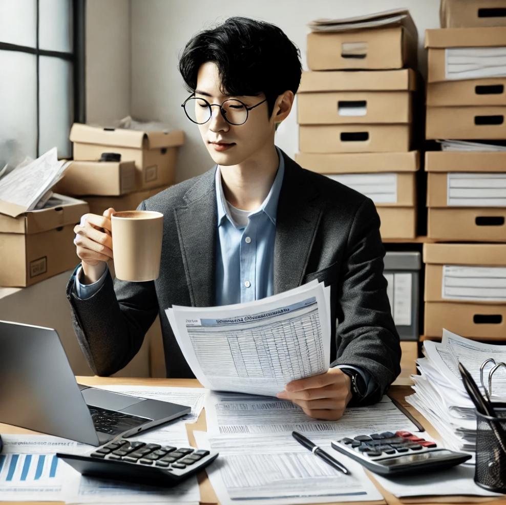 세금정산을 위해 문서를 검토하는 모습