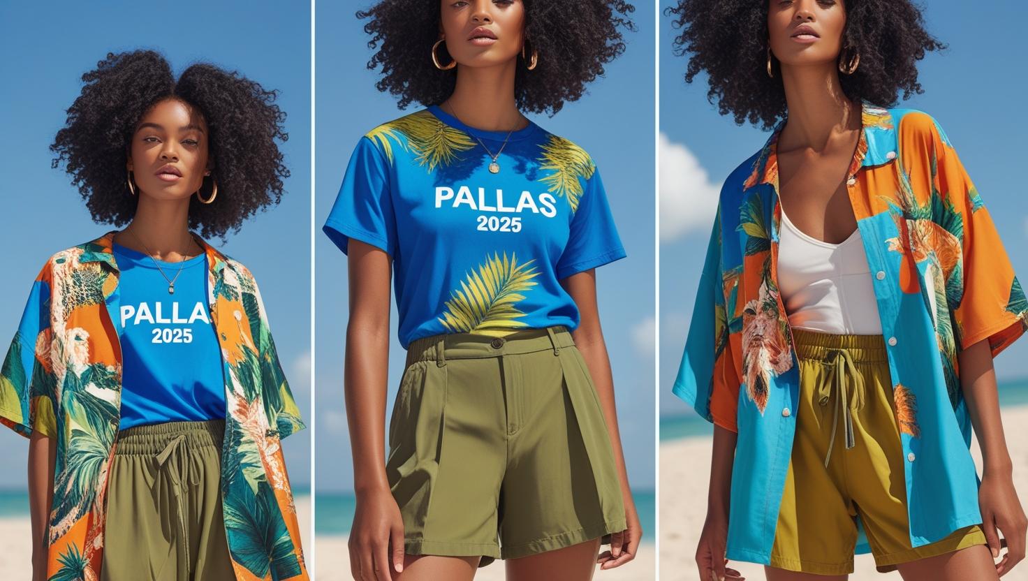 비비드 컬러 티셔츠와 레트로 셔츠와 와이드 팬츠