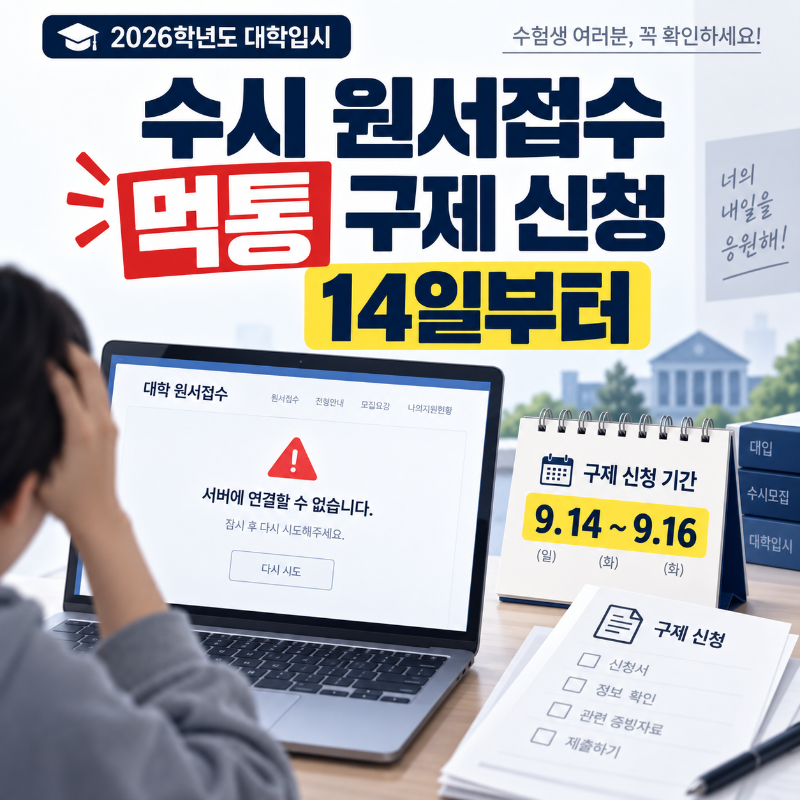 수시 원서접수 먹통 구제 신청이 9월 14일부터 16일까지 진행되는 일정을 안내하는 이미지