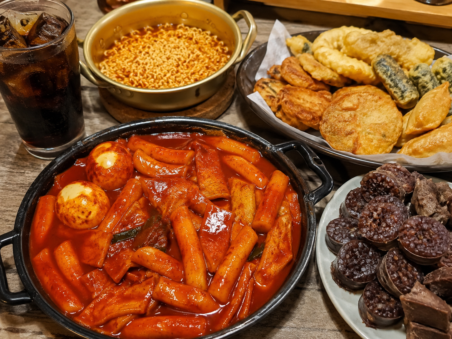 떡볶이와 튀김, 순대, 음료 조합을 보여주는 야식 이미지