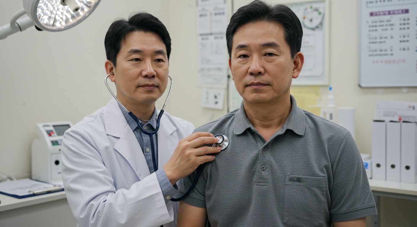 건강검진을 받는 중년 남성과 의사