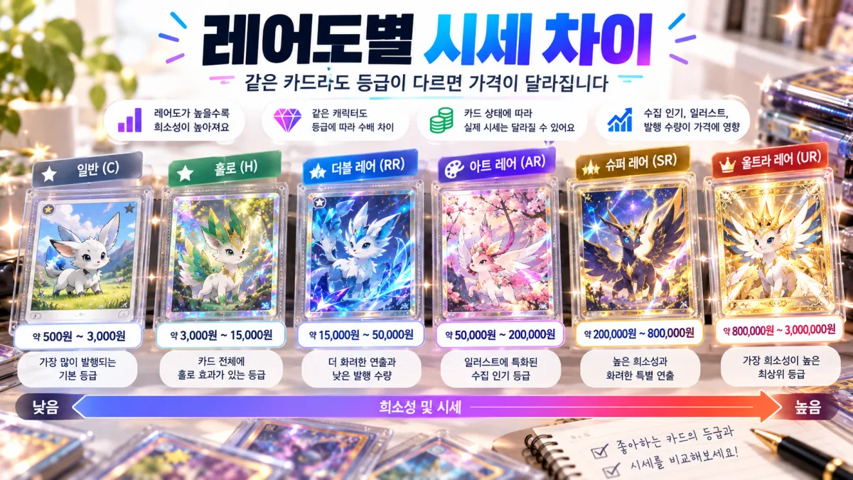 트레이딩 카드 희귀도 구분과 가격 차이 개념을 보여주는 인포그래픽