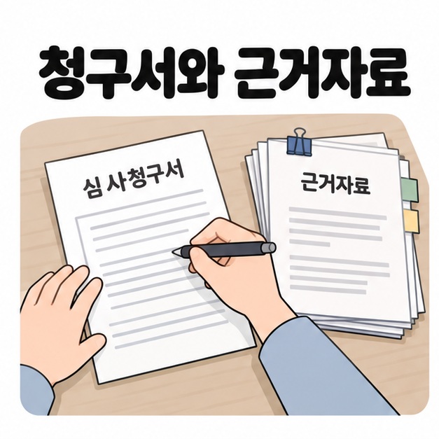 심사청구서에 펜으로 내용을 작성하는 손과 클립으로 묶어 둔 근거자료 서류