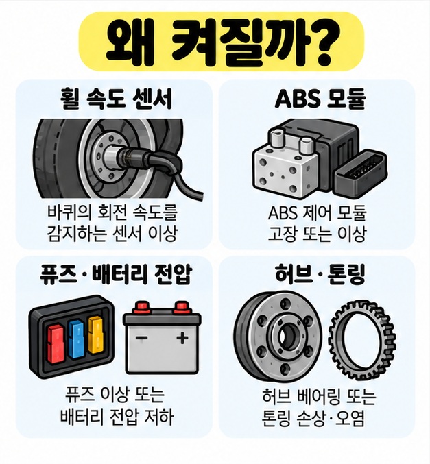 휠 속도 센서와 ABS 모듈, 퓨즈와 허브를 아이콘으로 정리한 ABS 경고등 원인 카드