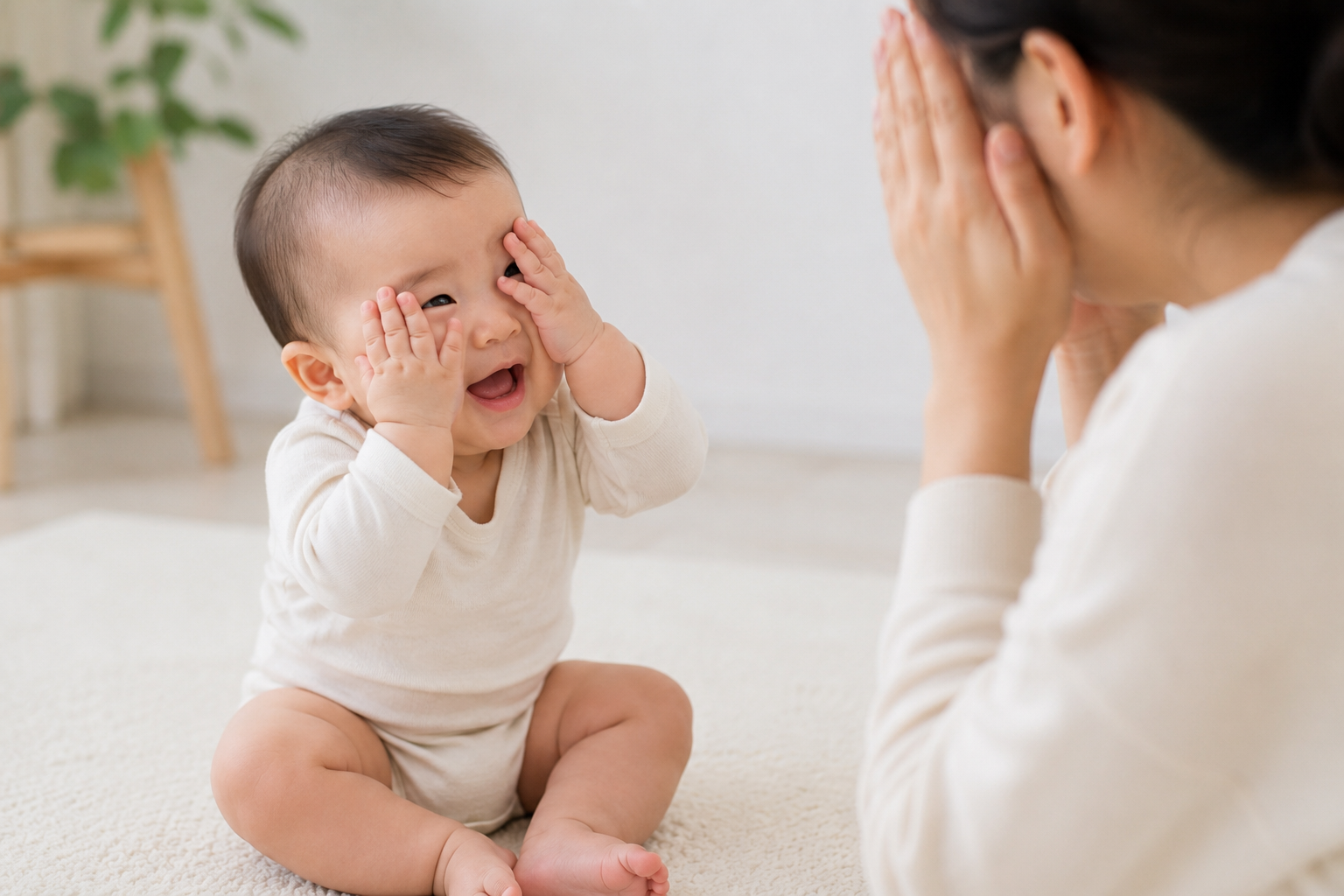 하얀색 옷을 입은 아기가 거실 매트 위에 앉아 엄마와 함께 까꿍 놀이를 하며 환하게 웃고 있는 모습이다. 엄마가 두 손으로 얼굴을 가리자 아기도 양손을 뺨에 대고 미소를 지으며 대상영속성 발달 과정에서의 상호작용 놀이를 즐기고 있다.