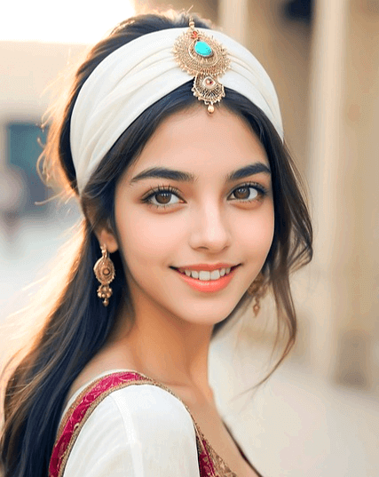 눈이 매우 크고 아름다운 긴머리 미녀가 미소짓는다. 머리엔 넓고 하얀 헤어밴드를 착용했다.