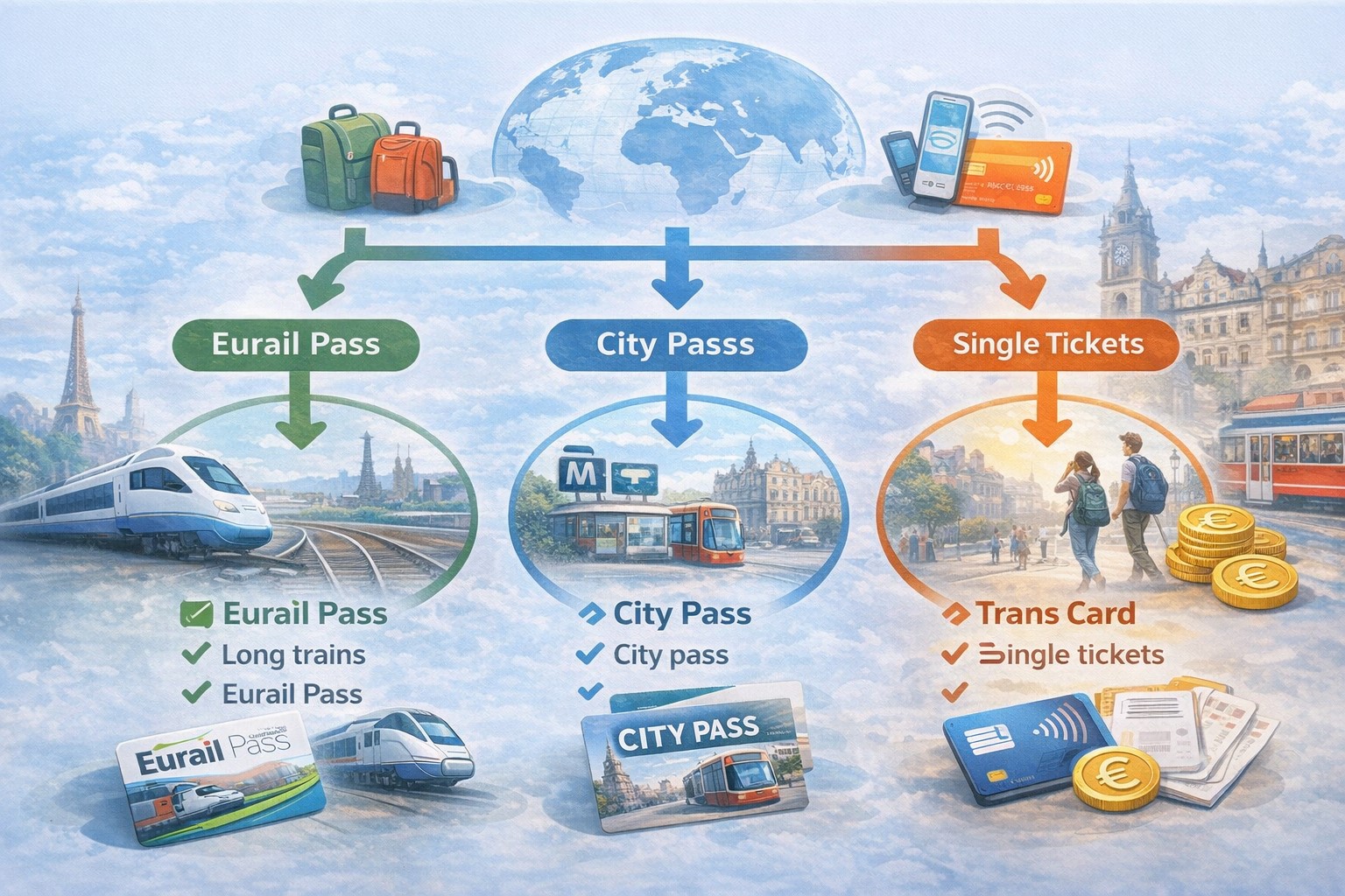 유럽 교통패스를 유레일, 도시패스, 단권으로 나누어 선택 흐름을 보여주는 요약 다이어그램