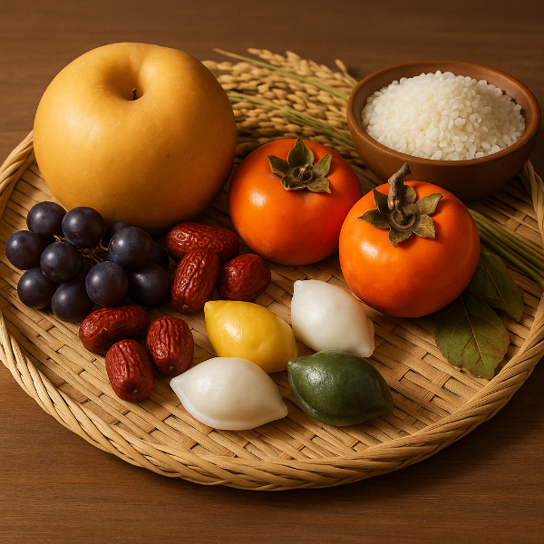 전통 짚 바구니 위에 배, 감, 포도, 대추, 송편, 쌀, 벼 이삭 등이 조화롭게 놓여 있는 모습