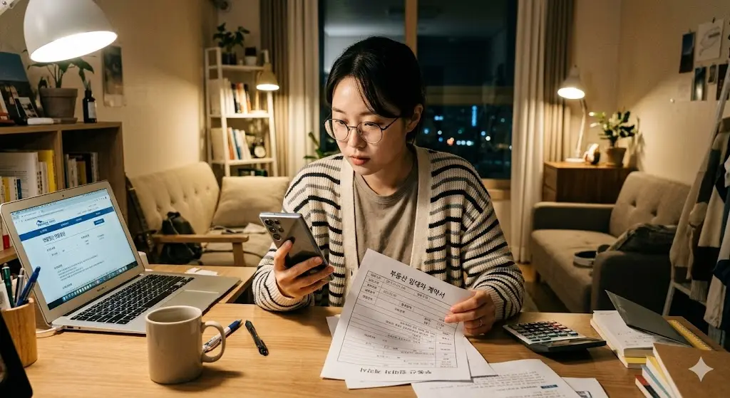 가장 많이 놓치는 월세 세액공제를 받기 위해 임대차 계약서와 스마트폰 뱅킹 이체 내역을 확인하는 직장인