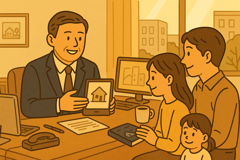 공인중개사가 가족 고객에게 태블릿으로 부동산 정보를 보여주는 장면
